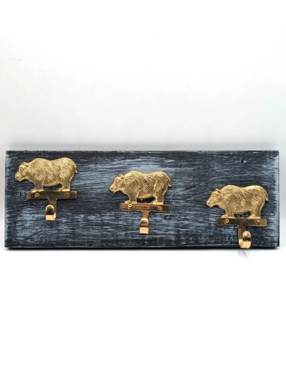 Hand Crafted Hat Key Coat Rack 3 Bear Hooks Wall Mount Blue Distressed`15